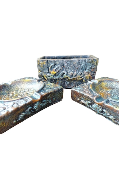 El Yapımı Vintage Eskitme Dekoratif Küllük Ve Kalemlik Seti Kabartma Desenli Bronz, Mavi Ve Altın Efektli Tasarım