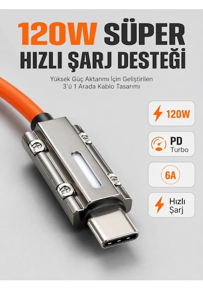 Led Göstergeli 120w Pd Turbo Destekli Premium 3'ü 1 Arada Şarj Kablosu Turuncu