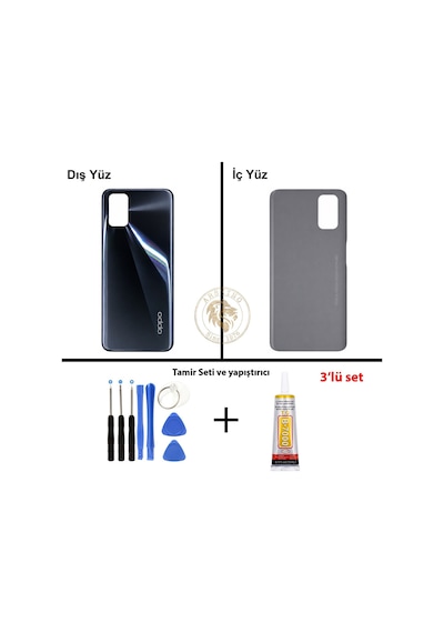 Oppo A72 Siyah Uyumlu Arka Kapak + Yapıştırıcı Ve Vida Seti Arka Cam Batarya Pil Kapağı Lazer Kesim Çok Renkli