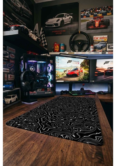 Siyah Beyaz Akışkan Kontur Deseni 40x90 Cm Oyuncu Mousepad Kaymaz Taban Büyük Boy Mousepad