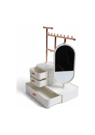 Aynalı Takı Düzenleyici Organizer Çekmeceli Masaüstü Takı Standı, Rose Gold Metal Askılı Beyaz