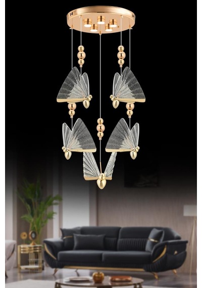 İstanbul Avize İpek 5'li Gold Ledli 3 Renk Modern Led Avize Gold