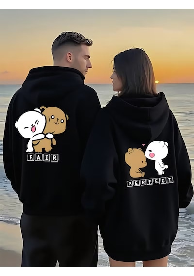 Nevermind Sevgili Kombin Hoodie Çift Sweatshirt Çiftlere Özel Ayıcık Bask Siyah