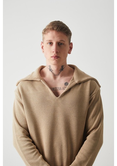 R-5850 Yaka Detaylı Örme Sweat Vizon