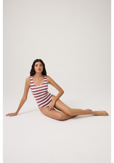 Los Ojos Bordo-beyaz Çizgili U Yaka Spor Mayo Sporty One Piece Bordo-beyaz Bordo-beyaz