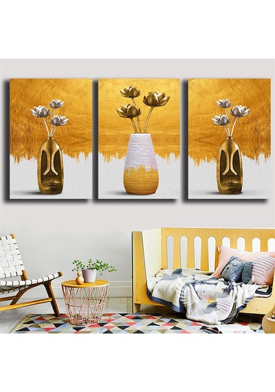 Gold Detaylı Vazodaki Çiçekler Modern Kanvas Tablo