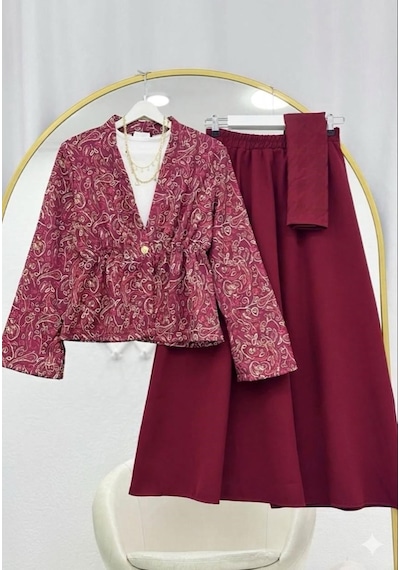 Lovie Moda Kadın Bohem Desenli Etekli Takım - Bordo