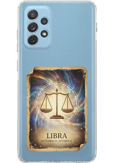 Samsung Galaxy A72 İle Uyumlu Burç Kartları Terazi Tasarımlı Şeffaf Silikon Kılıf Şeffaf