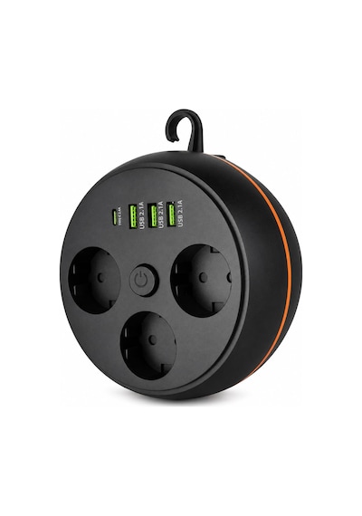 Coverzone Askılı Model Akım Korumalı Makaralı Priz, 190cm Kablo, 3 Prizli 3 Usb 1 Type-c 16a 4000w Termal Ve Kısa Devre Korumalı 100-250v Çoklu Priz Kablo Sarıcılı Priz Model 3395 Siyah