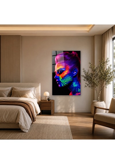 Neon Boyalı Kadın Profili Çerçevesiz Cam Tablo