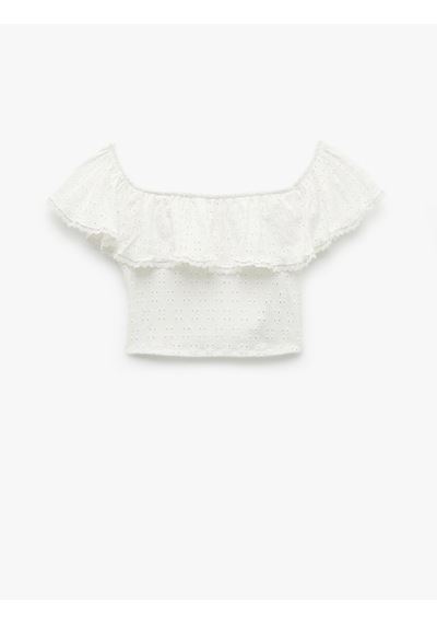 Koton Kolsuz Astarlı Slim Fit Fistolu Brodeli Fırfırlı Omzu Açık Crop Bluz Beyaz 5sak10495ek Beyaz