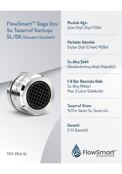 Flowsmart Su Tasarruflu Aeratör 5 L/dk %75 E Varan Su Tasarrufu Øf28 Duş Batarya Uyumlu