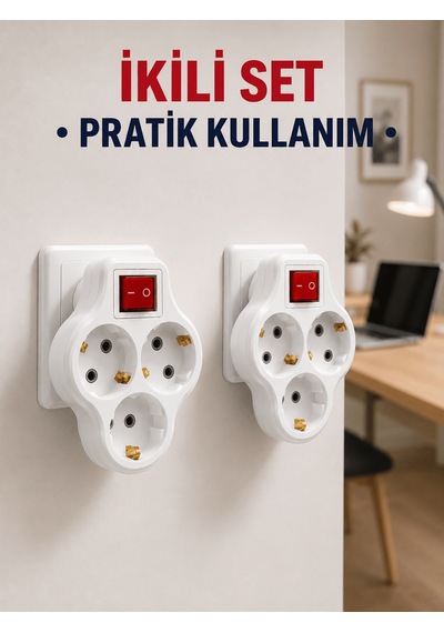 Kablosuz 3 Lü Priz Çoklayıcı Açma Kapama Anahtarlı Duvar Tipi 2 Adet Set 0-2
