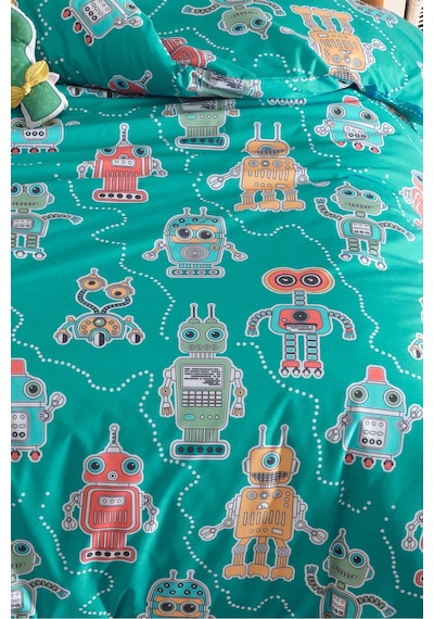 Eponj Home Tek Kişilik Pamuklu Nevresim Takımı 3 Parça Roboti Desen Yeşil / Yumuşak Dokulu Yeşil