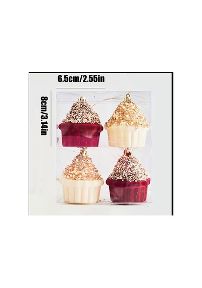 Cupcake Figürlü Yılbaşı Ağaç Süsü 4'lü Set Simli Ve Boncuklu Dekoratif Asma Süsler 8 Cm Kırmızı