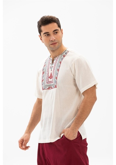 Kısa Kol Şile Bezi Bisiklet Yaka Bahriyeli Erkek T-Shirt Krem Krm