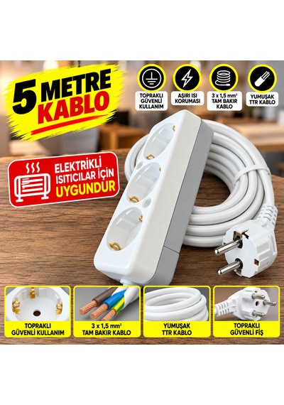 5 Metre 3'lü Topraklı Uzatma Priz 3x1,5 Mm² Tam Bakır Kablo Elektrikli Soba Isıtıcı Ev Ofis Için Güçlü Uzatma Kablosu 5 M