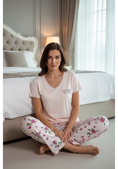 Kompedan Kadın Ring Viskon V Yaka Altı Desenli Kısa Kol Pijama Takımı Pembe 40113-4119