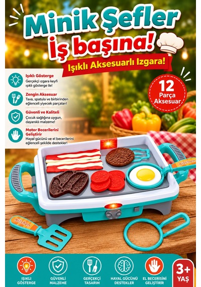 Işıklı Oyuncak Izgara Ve Mutfak Seti - 12 Parça Aksesuarlı Eğitici Evcilik Oyunu 3+ Yaş 01520942
