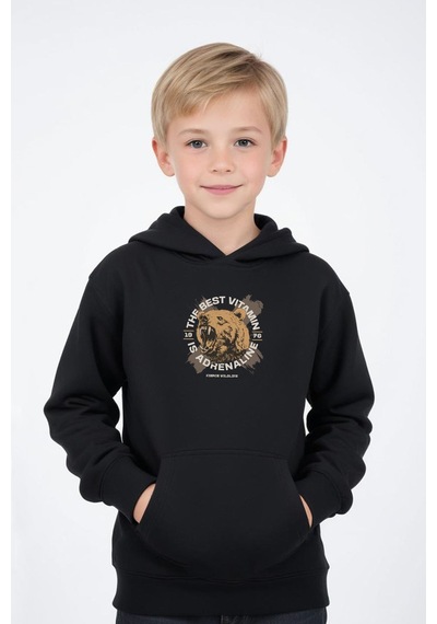 Panios Kids Kapüşonlu Kanguru Cepli Beear Baskı Detaylı Erkek Çocuk Sweatshirt Siyah