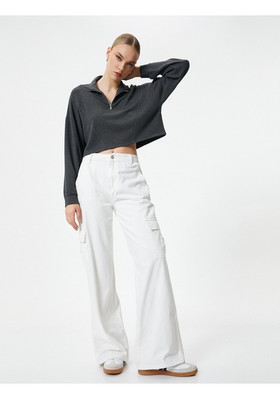 Koton Yarım Fermuarlı Sweatshirt Crop Uzun Kollu Antrasit 4sak10226ek Antrasit