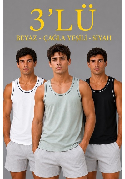 Novalisse Erkek 3 Lü Kolsuz Sporcu Atlet Seti Yazlık Bisiklet Yakalı - Mint Yeşili, Siyah, Beyaz Çoklu Renk
