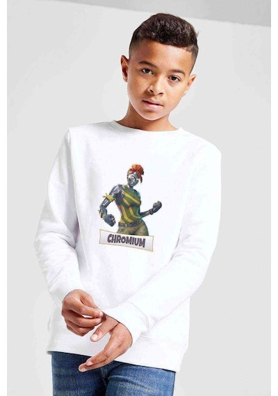 Tshirthane Chromium Fortnite Baskılı Unisex Çocuk Beyaz Sweatshirt Beyaz
