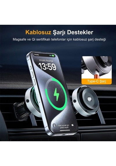 Vantuzlu Klima Havalandırmaya Takılan Magsafe Iq Şarjlı Telefon Tutucu Siyah Renkli