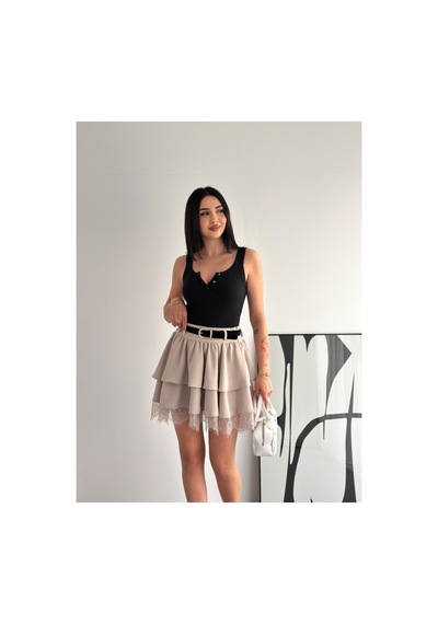 Gugus Kadın Mini Boy Tül/dantel Detaylı Beli Kemerli Volanlı Etek Bej