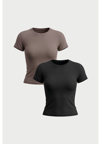 Auw Kadın Bisiklet Yaka Pamuklu Modal T-shirt 2'li - Softfit Vizon - Siyah