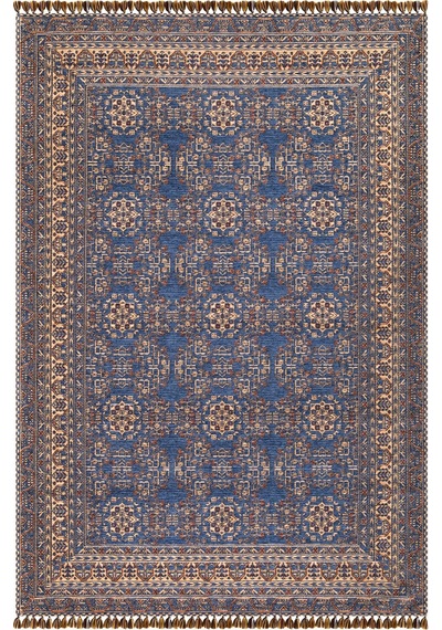 Mavi Renkli Afgan Tarzı Altı Kaymaz Yıkanabilir Şönil Kilim-598