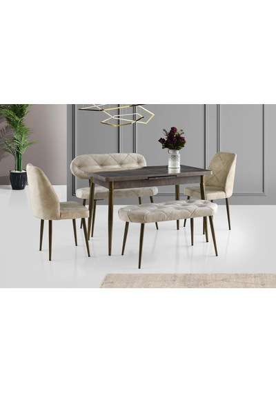 Ay Masa Ve Sandalye Bench Takımı, Krem Gold, 120x70 Gold Ay Masa Ve Sandalye Bench Takımı, Krem Gold, 120x70 Gold