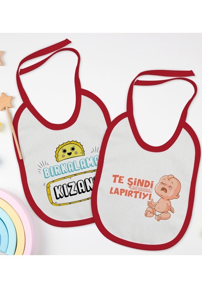 BK Kids Bırkalama ve Te Şindi Tasarımlı 2’li Kırmızı Mama Önlüğü- Kırmızı
