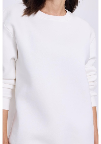 Tudors Kadın Oversize Geniş Kesim Pamuklu 3 İplik İçi Polarlı Basic Beyaz Bisiklet Yaka Sweatshirt-41553 Beyaz