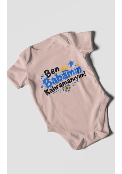 Morivokids Ben Babamın Kahramanıyım Kısa Kollu Bebek Body %100 Pamuk Pastel Pembe