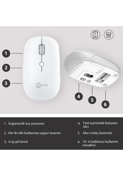 Lecoo WS211 Kablosuz 1600DPI 6 Tuşlu Çift Modlu Şarj Edilebilir Optik Mouse