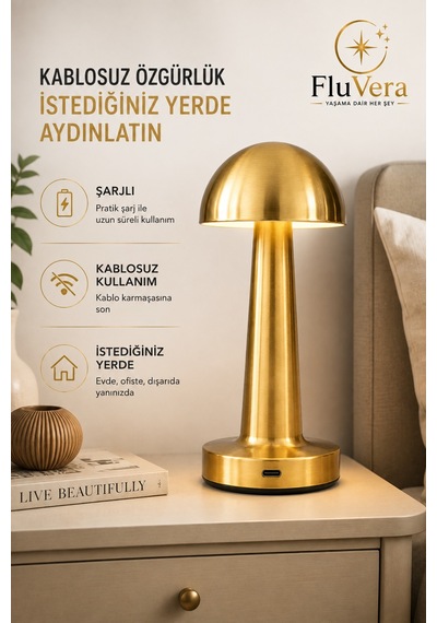 Şarjlı Masa Lambası Gold Mantar Kablosuz Led Dokunmatik Gece Lambası Altın