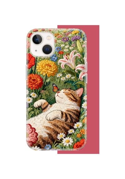 İphone 13-14 Uyumlu Nakışlı Kedi Uv Baskılı Silikon Kılıf Renkli