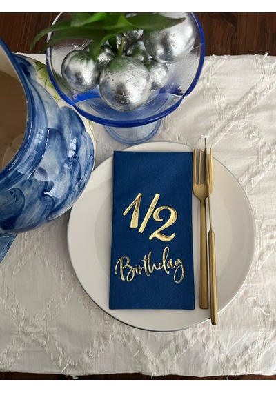 Gold Yaldızlı Bodrum Mavisi Yarım Yaş Bırthday Garson Katlama Peçete 16 Adet