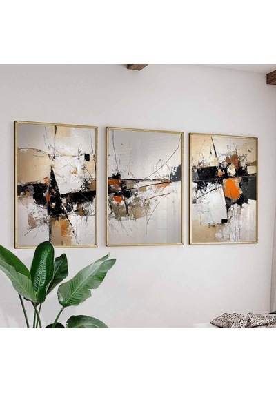 Soyut Geometrik Sanat Seti, Modern Siyah Ve Turuncu Duvar Sanatı, Minimalist Sanat Baskıları, Çağdaş Manzara Japon Poster Seti 3 Parça
