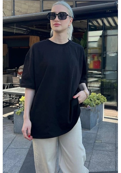 Tarzsokak Kadın Oversize Penye Rahat Yazlık Kısa Kollu Siyah