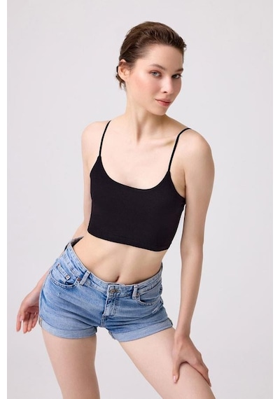 Cottonhill Siyah Pamuklu İnce Askılı Kadın Crop Top Büstiyer Siyah
