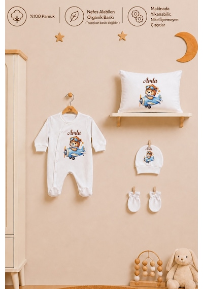 Pia Baby İsme Özel Erkek Bebek Hastane Çıkışı 5 Parça Tulum Seti %100 Pamuk Organik Baskılı 1013tyb0x Ekru