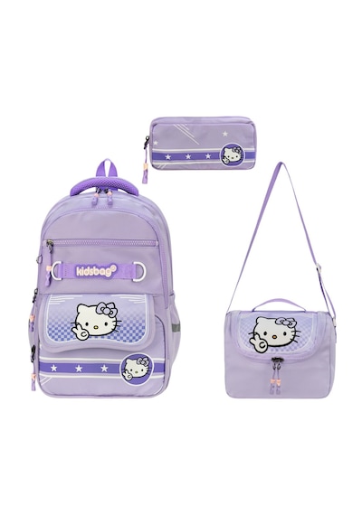 Hello Kitty Baskılı Ortopedik Su Geçirmez Ultra Lüx Okul Çantası Termal Beslenme Ve Kalemlik Mor