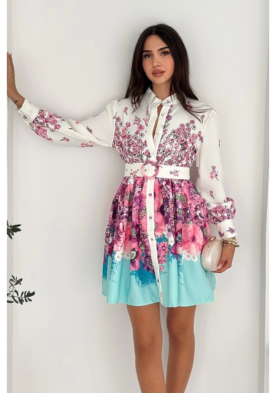 Asprin Fashion Desenli Düğme Detaylı Kemerli Keten Elbise Renkli