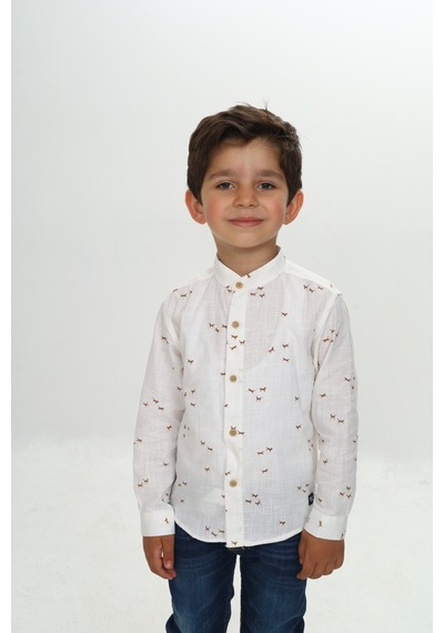 Toontoy Kids Toontoy Erkek Çocuk Regular Fit Hakim Yaka Uzun Kollu Keten Görünümlü Gömlek - Animal Desenli Ekru