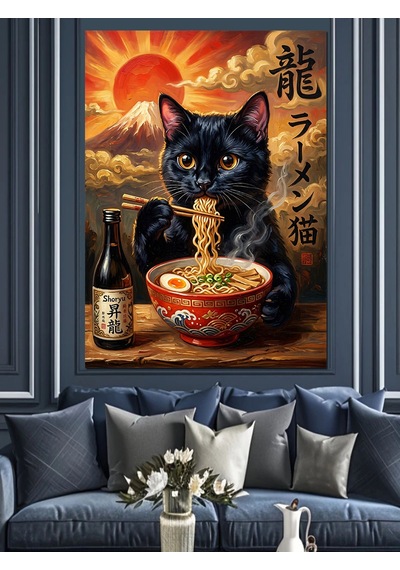 Ramen Yiyen Japon Kara Kedi Dekoratif Kanvas - Mdf Ahşap Tablo