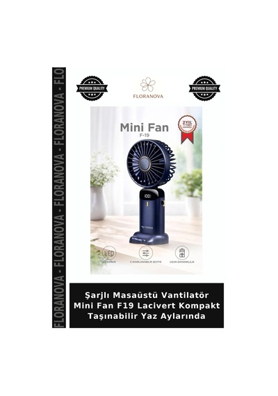 Şarjlı Masaüstü Vantilatör Mini Fan F19 Lacivert Kompakt Taşınabilir Yaz Aylarında