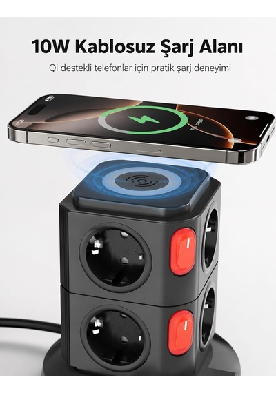 12'li Kule Tipi Çoklu Priz 3680w Kablosuz Şarjlı 1xusb-a 2xtype- C Akıllı Güç İstasyonu Standart