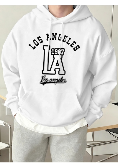 Startmore Tarzsokak Los Angeles Mektup Baskılı Kapüşonlu Üstler Erkek Polar Sokak Modası Sweatshirtleri Sonbahar Beyaz